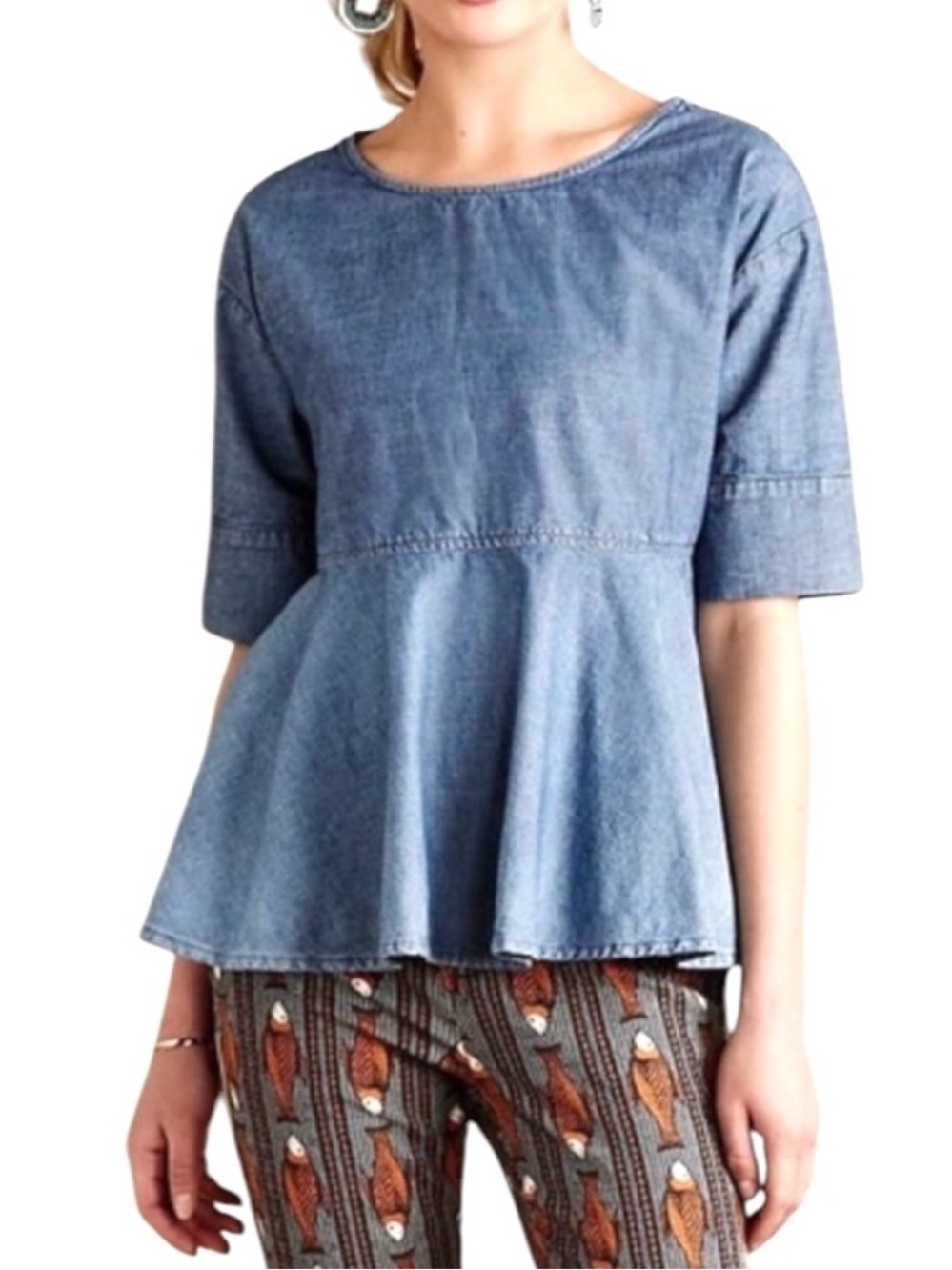 AG Adriano Goldschmied Chambray Boho Peplum Denim Shirt Size Small